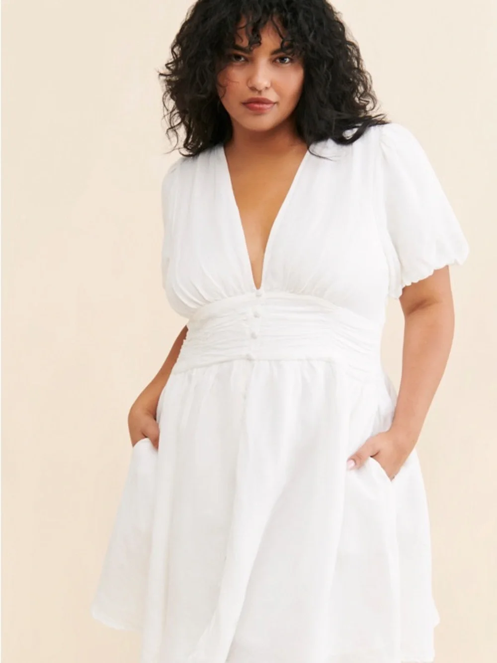 Nwot Anthropologie Katerina White Puff-Sleeve Deep V Mini Dress - Picture 5 of 6